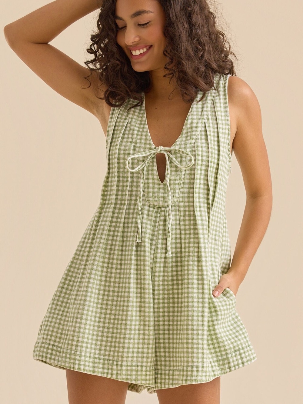Altar'd State Denim Green and White Gingham Romper